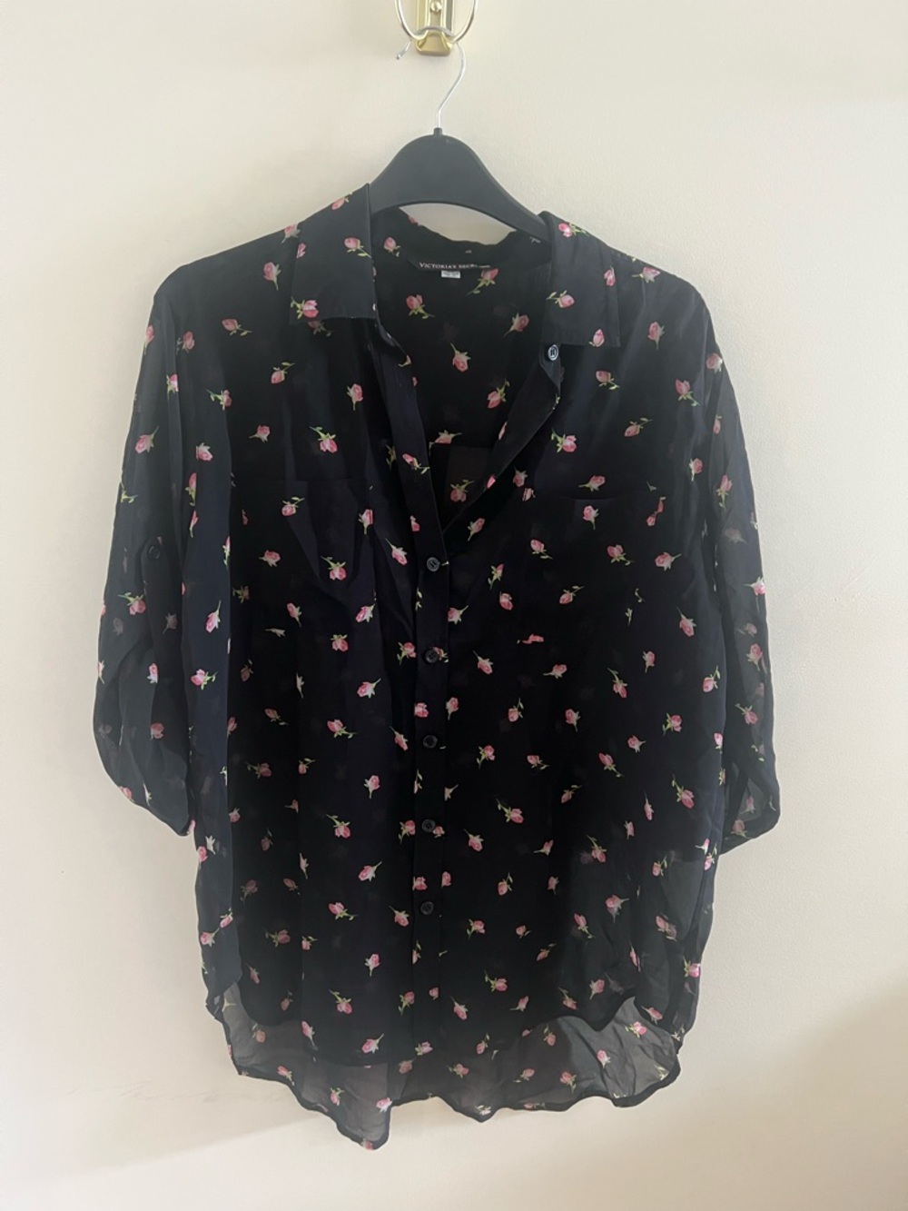Victoria's Secret Black Blouse with Pink Floral Print